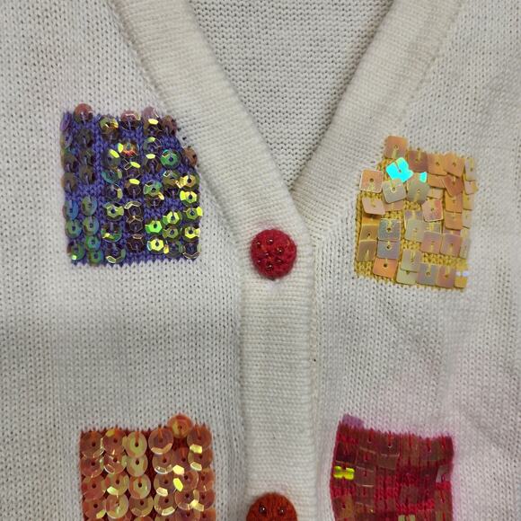 Terazzo Cardigan Sweater Womens Large White Short Sleeve V Neck Sequin Patchwork - Picture 15 of 16